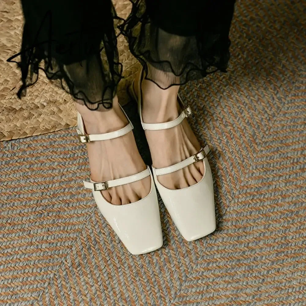 Aiertu  Summer Shoes Women Square Toe Thick Heel Sandals Women Patent Leather Mixed Colors Low Heel Wine Red/Beige Shoes for Women