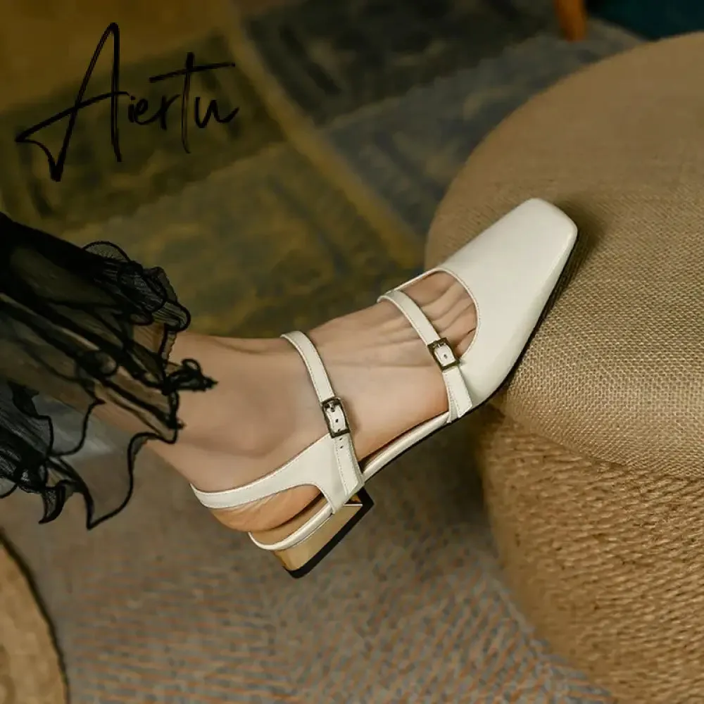 Aiertu  Summer Shoes Women Square Toe Thick Heel Sandals Women Patent Leather Mixed Colors Low Heel Wine Red/Beige Shoes for Women