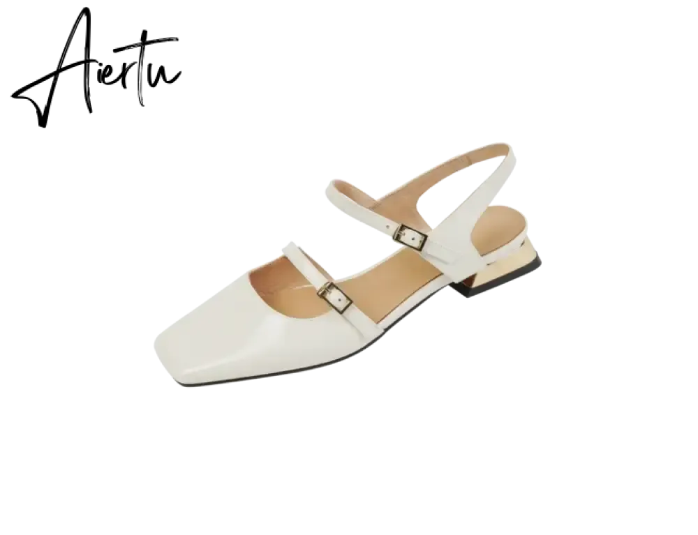 Aiertu  Summer Shoes Women Square Toe Thick Heel Sandals Women Patent Leather Mixed Colors Low Heel Wine Red/Beige Shoes for Women