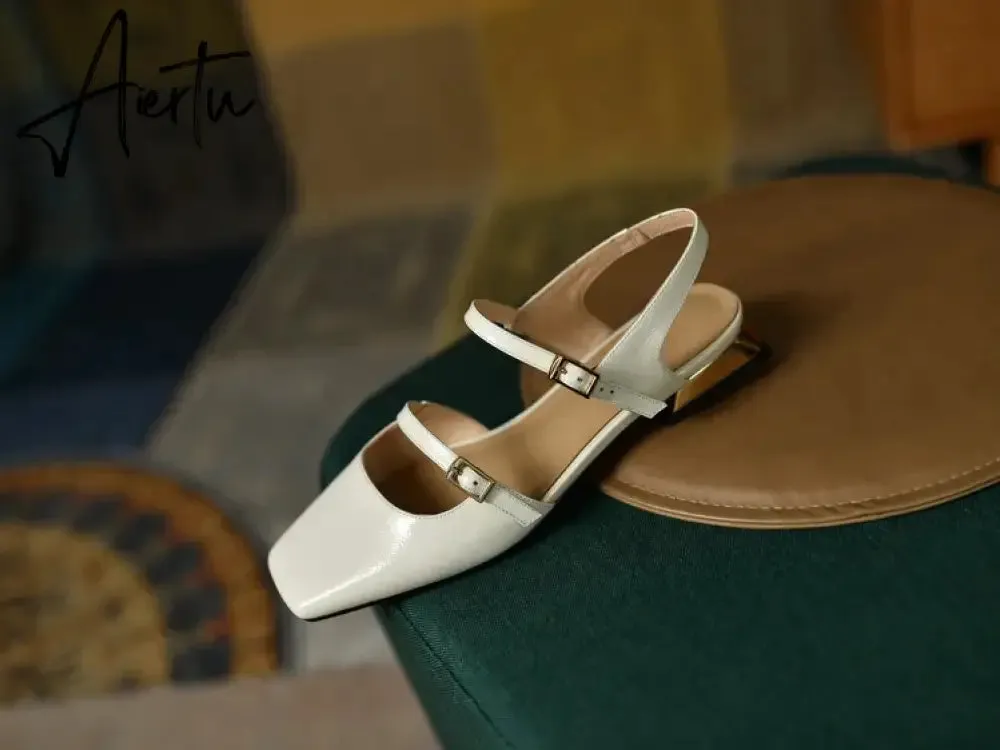 Aiertu  Summer Shoes Women Square Toe Thick Heel Sandals Women Patent Leather Mixed Colors Low Heel Wine Red/Beige Shoes for Women