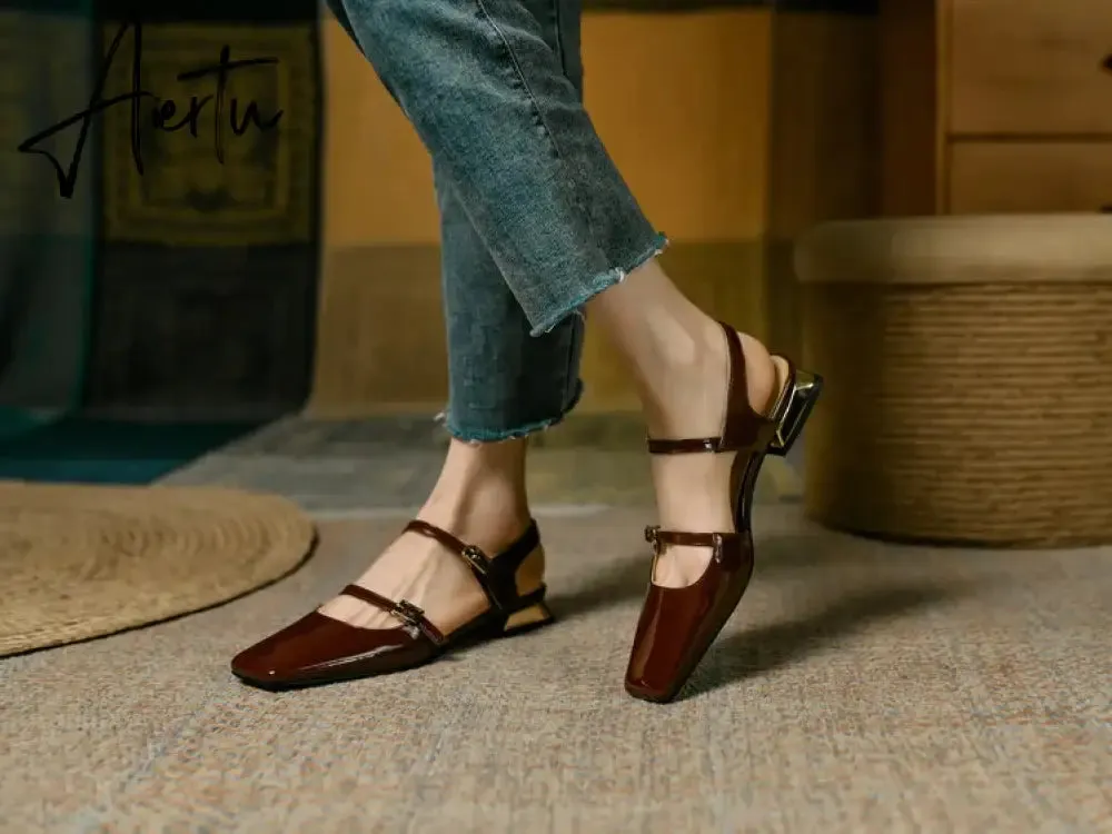 Aiertu  Summer Shoes Women Square Toe Thick Heel Sandals Women Patent Leather Mixed Colors Low Heel Wine Red/Beige Shoes for Women