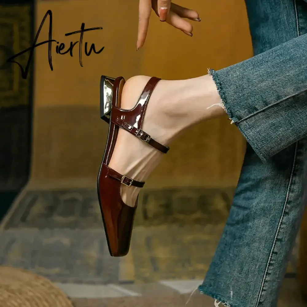Aiertu  Summer Shoes Women Square Toe Thick Heel Sandals Women Patent Leather Mixed Colors Low Heel Wine Red/Beige Shoes for Women