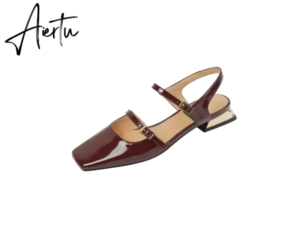 Aiertu  Summer Shoes Women Square Toe Thick Heel Sandals Women Patent Leather Mixed Colors Low Heel Wine Red/Beige Shoes for Women