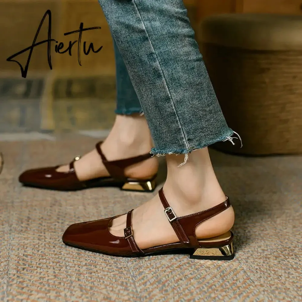 Aiertu  Summer Shoes Women Square Toe Thick Heel Sandals Women Patent Leather Mixed Colors Low Heel Wine Red/Beige Shoes for Women