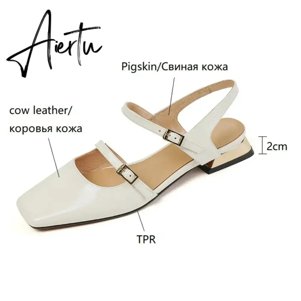 Aiertu  Summer Shoes Women Square Toe Thick Heel Sandals Women Patent Leather Mixed Colors Low Heel Wine Red/Beige Shoes for Women