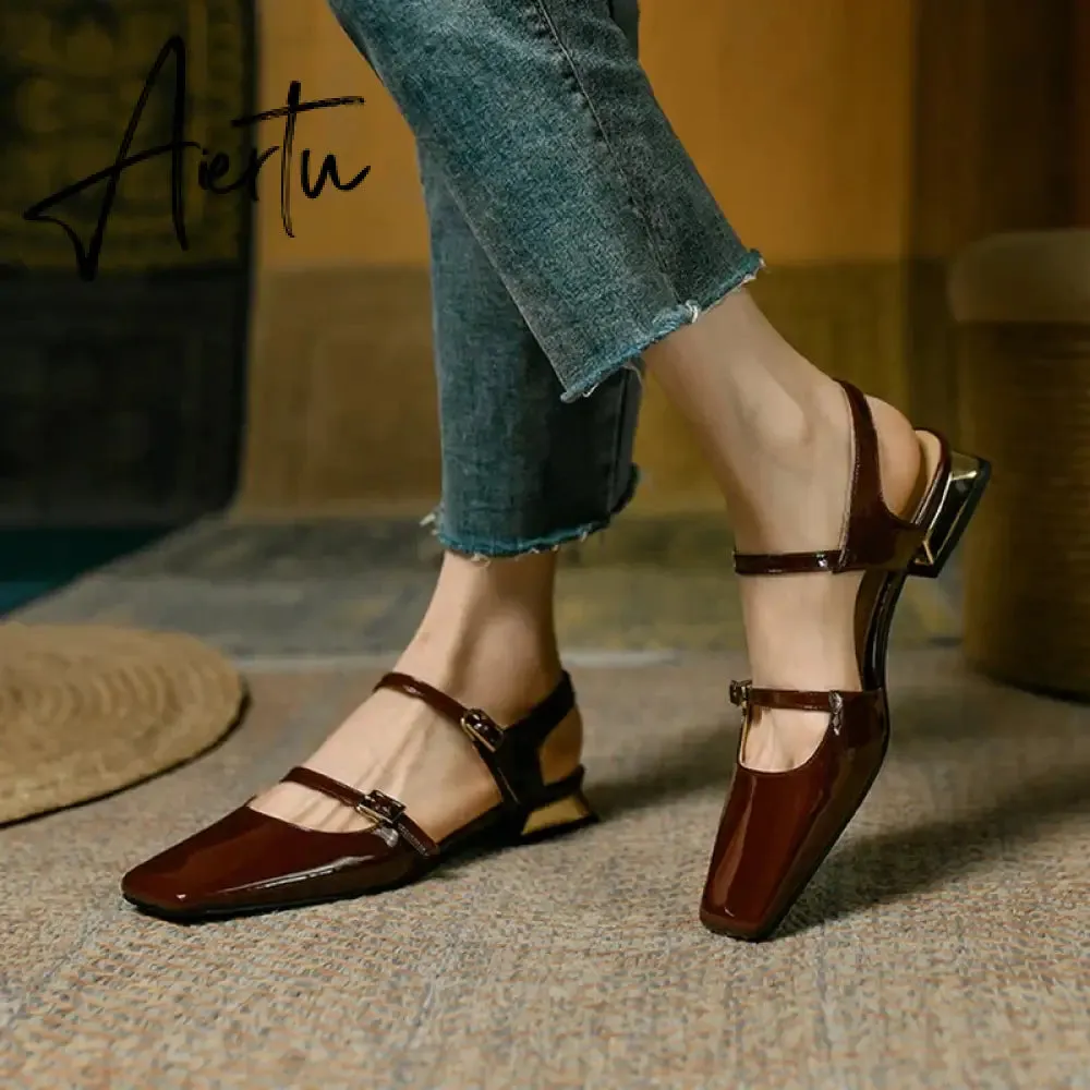Aiertu  Summer Shoes Women Square Toe Thick Heel Sandals Women Patent Leather Mixed Colors Low Heel Wine Red/Beige Shoes for Women