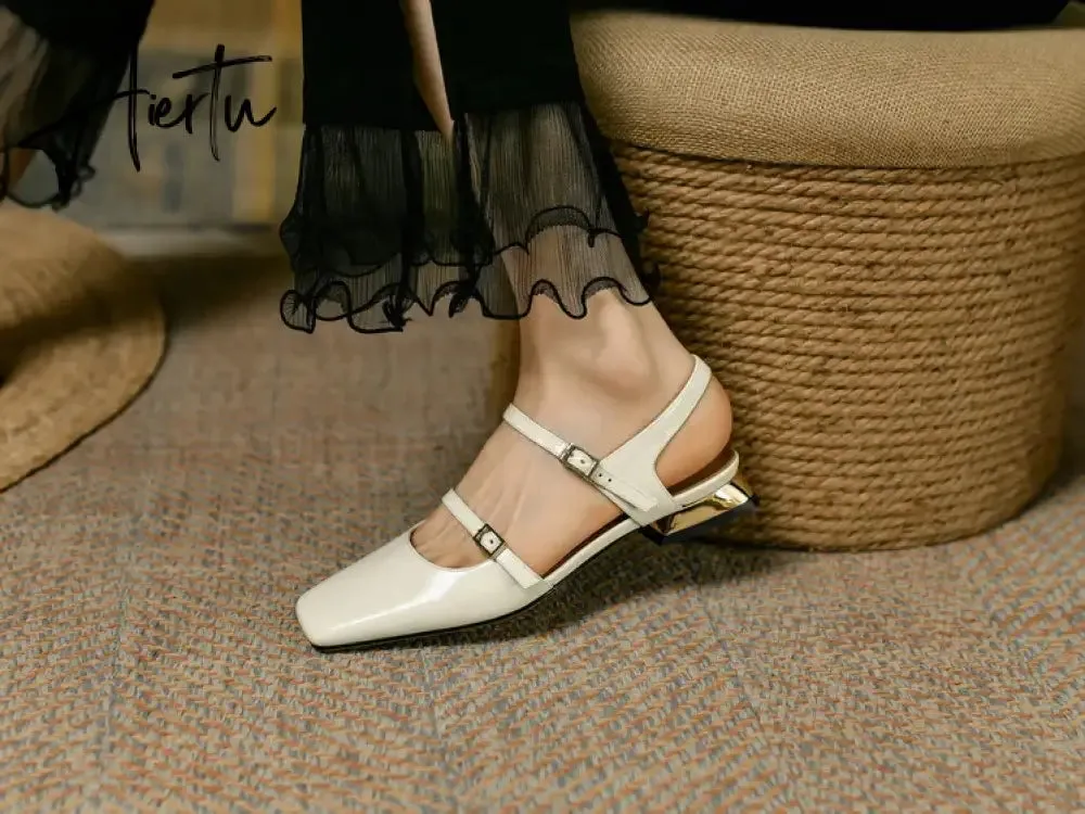 Aiertu  Summer Shoes Women Square Toe Thick Heel Sandals Women Patent Leather Mixed Colors Low Heel Wine Red/Beige Shoes for Women