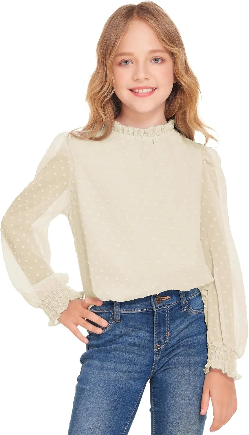 Arshiner Girls Long Sleeve Shirts Chiffon Blouses Swiss Dot Frill Neck Casual Loose Cute Top Tee