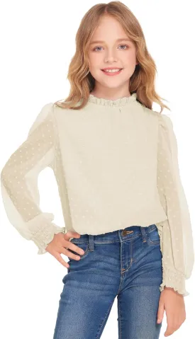 Arshiner Girls Long Sleeve Shirts Chiffon Blouses Swiss Dot Frill Neck Casual Loose Cute Top Tee