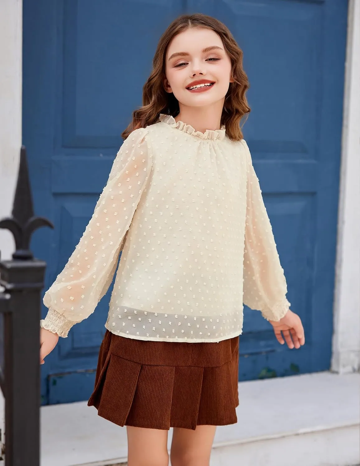 Arshiner Girls Long Sleeve Shirts Chiffon Blouses Swiss Dot Frill Neck Casual Loose Cute Top Tee