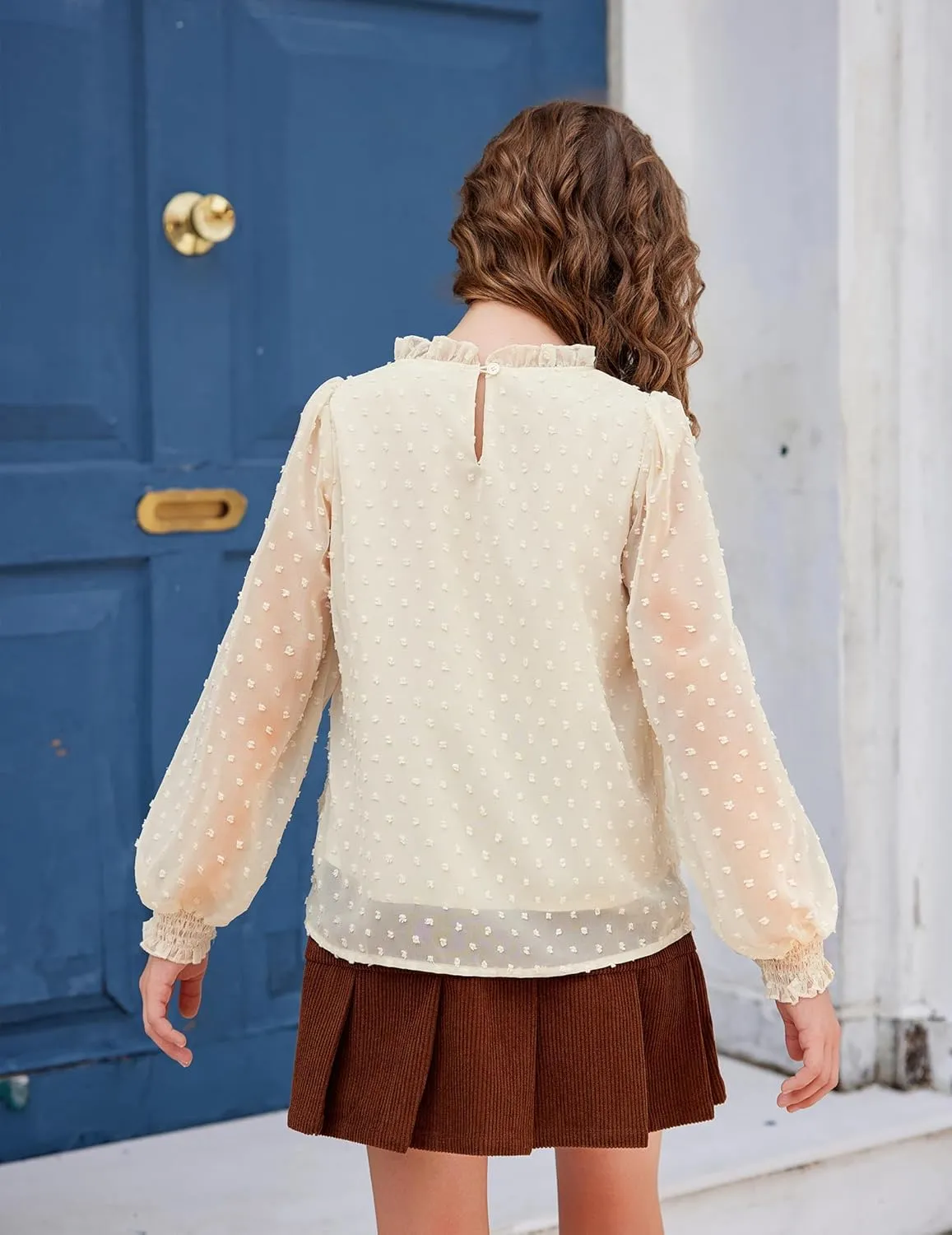 Arshiner Girls Long Sleeve Shirts Chiffon Blouses Swiss Dot Frill Neck Casual Loose Cute Top Tee