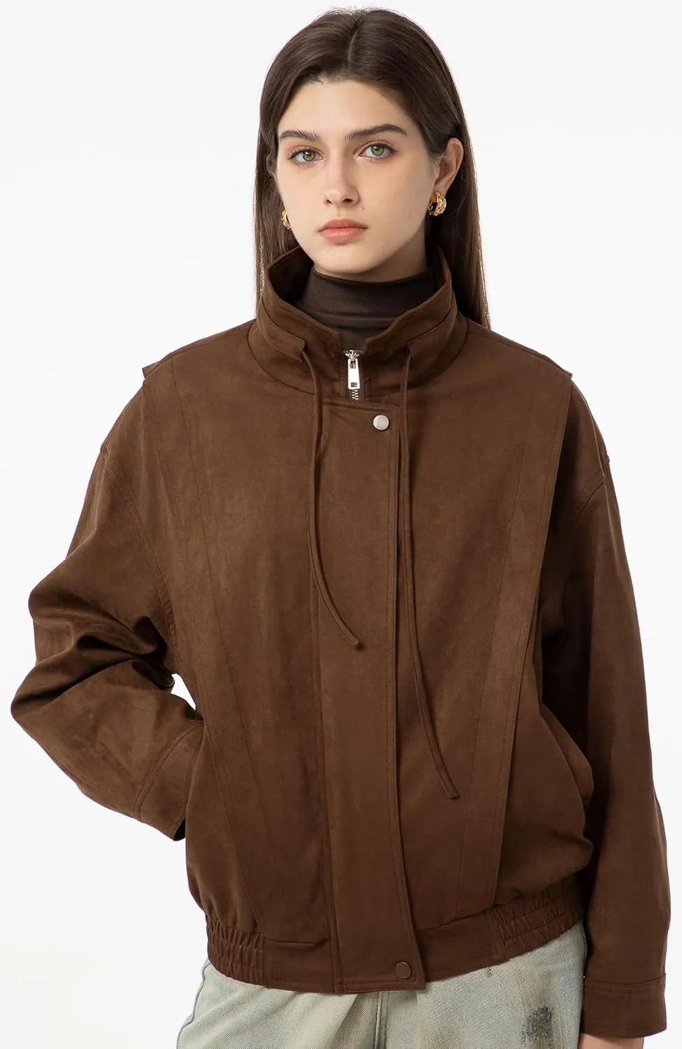 Babalet Womens Oversized Faux Suede Jackets Zip Up Coats Faux Motorcycle Bomber Outfits Trendy Fashion Clothes 2025