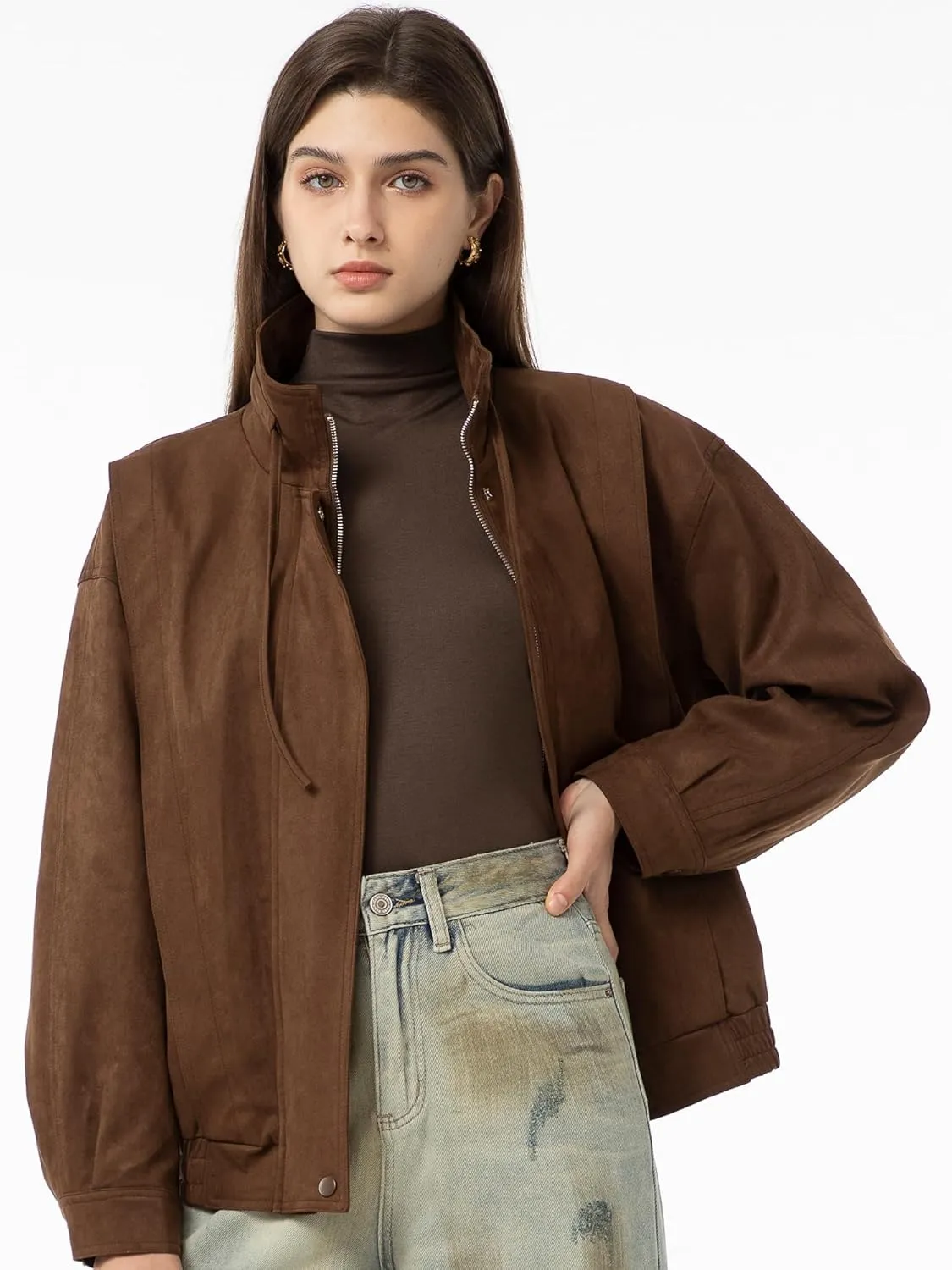 Babalet Womens Oversized Faux Suede Jackets Zip Up Coats Faux Motorcycle Bomber Outfits Trendy Fashion Clothes 2025