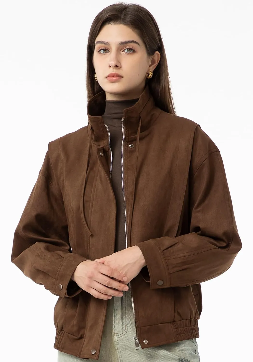 Babalet Womens Oversized Faux Suede Jackets Zip Up Coats Faux Motorcycle Bomber Outfits Trendy Fashion Clothes 2025
