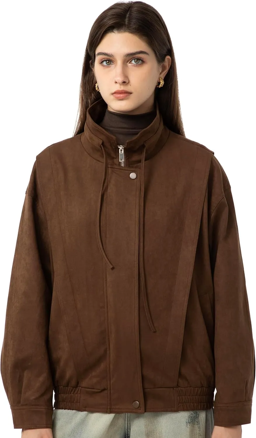 Babalet Womens Oversized Faux Suede Jackets Zip Up Coats Faux Motorcycle Bomber Outfits Trendy Fashion Clothes 2025