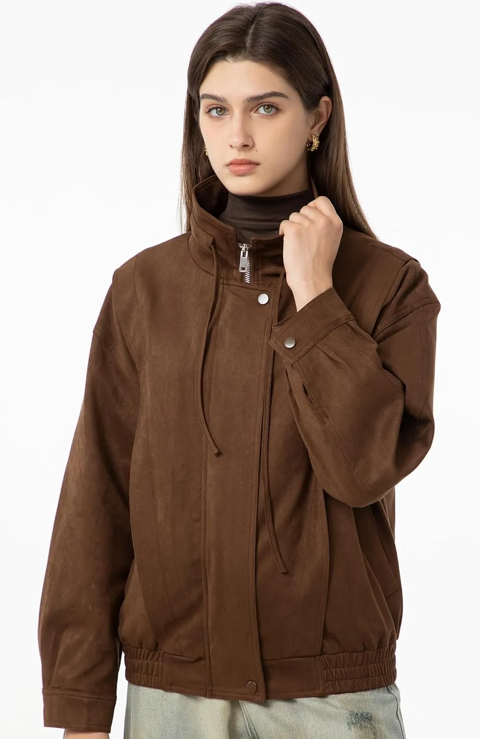 Babalet Womens Oversized Faux Suede Jackets Zip Up Coats Faux Motorcycle Bomber Outfits Trendy Fashion Clothes 2025