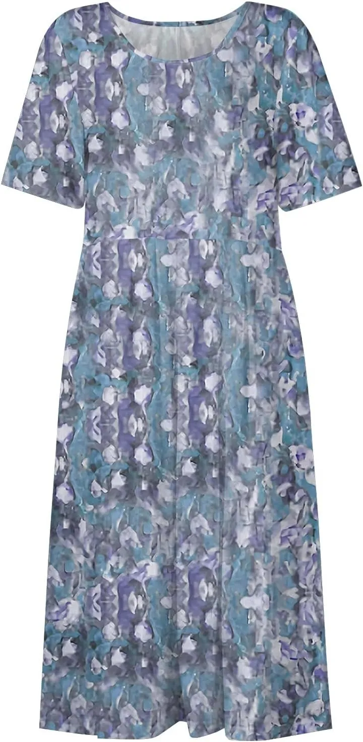 Below The Knee Short Sleeve Cover Up Ladies Dressy Classic Summer Soft Graphic Cotton Dress for Women.