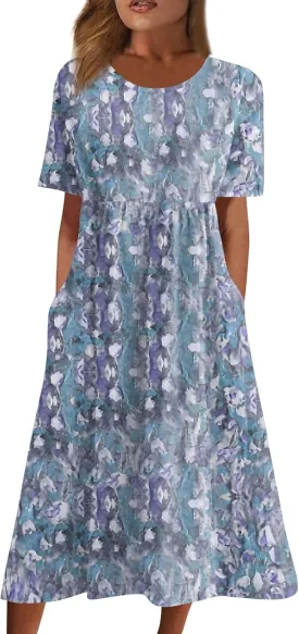 Below The Knee Short Sleeve Cover Up Ladies Dressy Classic Summer Soft Graphic Cotton Dress for Women.