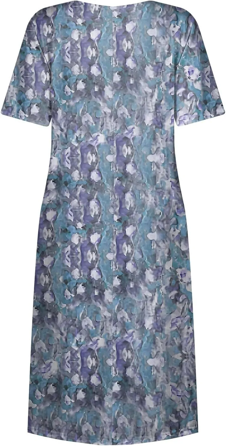 Below The Knee Short Sleeve Cover Up Ladies Dressy Classic Summer Soft Graphic Cotton Dress for Women.
