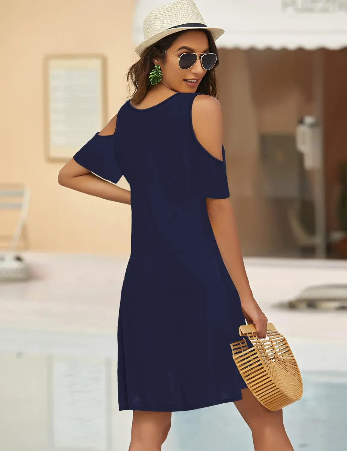 Bluetime Women Cold Shoulder Summer Dress Short Sleeve Beach Casual Loose Swing Dress
