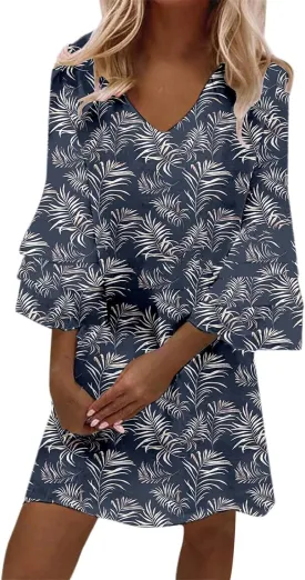 Boho Floral Mini Dress for Women | V Neck 3/4 Bell Sleeve Summer Dress, Flowy Loose Beach Dresses with Casual Chic Style