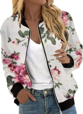 Bomber Jackets for Women 2024 Lightweight Casual Zip Up Stand Collar Coats Jacket Floral Graphic Outwear Fall Outfits