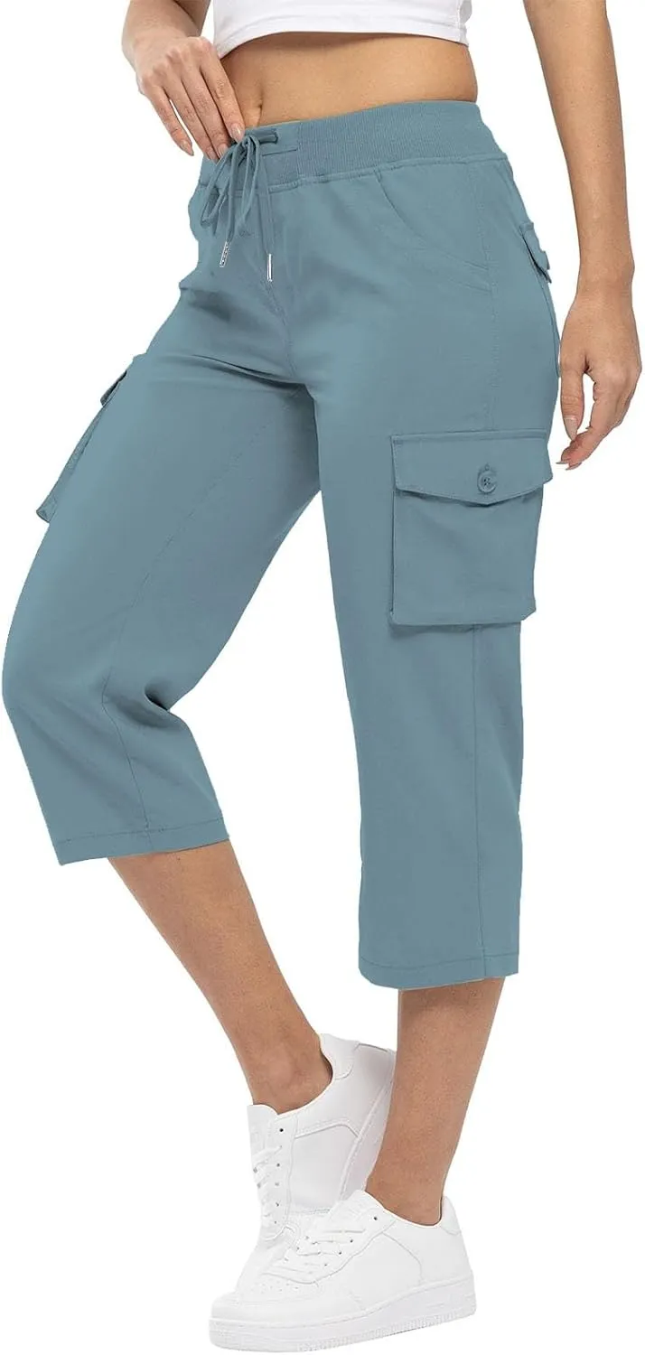 Cargo Capris for Women Loose Fit Cargo Pants Multi Pockets Lightweight Casual Capri Pants Drawstring Hiking Pants