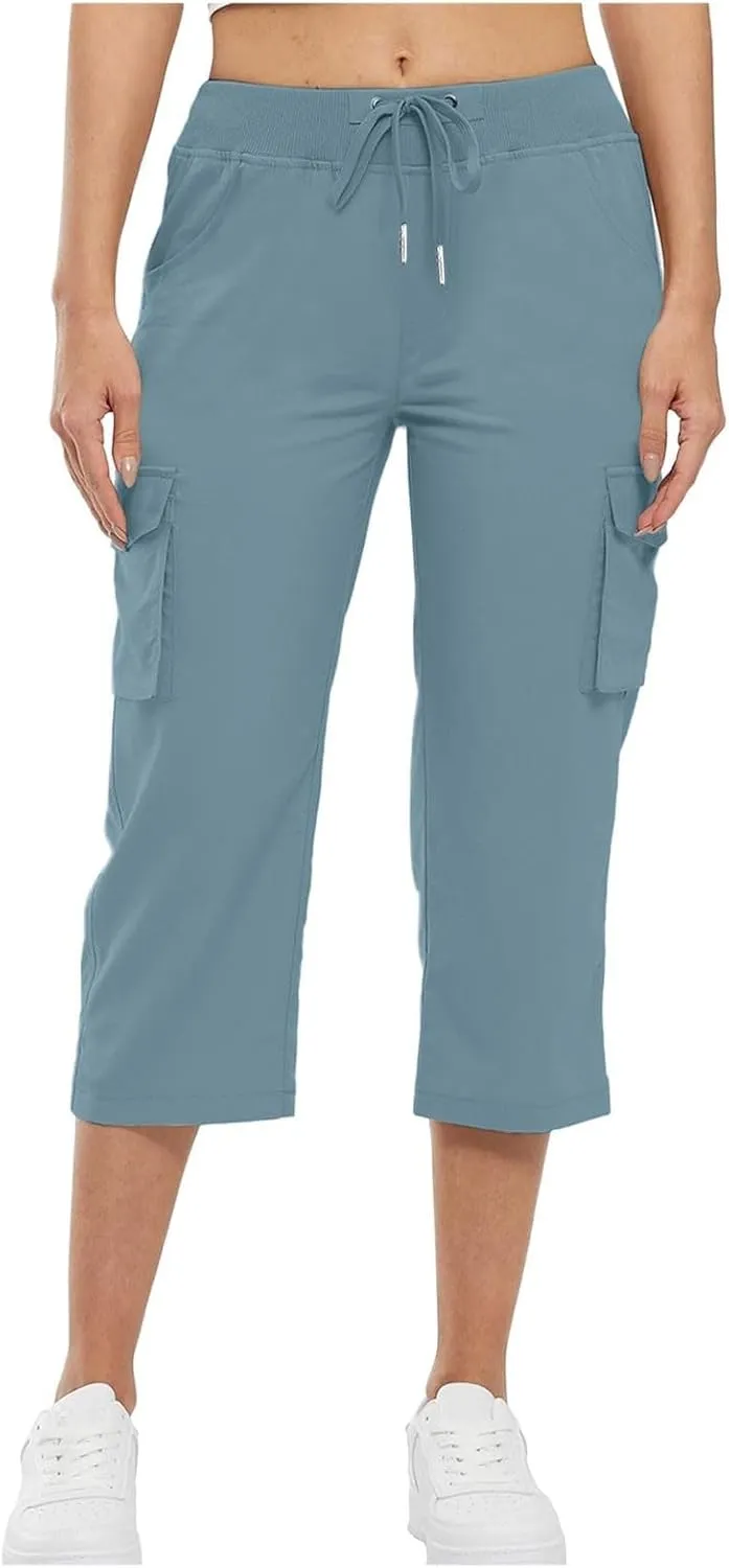 Cargo Capris for Women Loose Fit Cargo Pants Multi Pockets Lightweight Casual Capri Pants Drawstring Hiking Pants