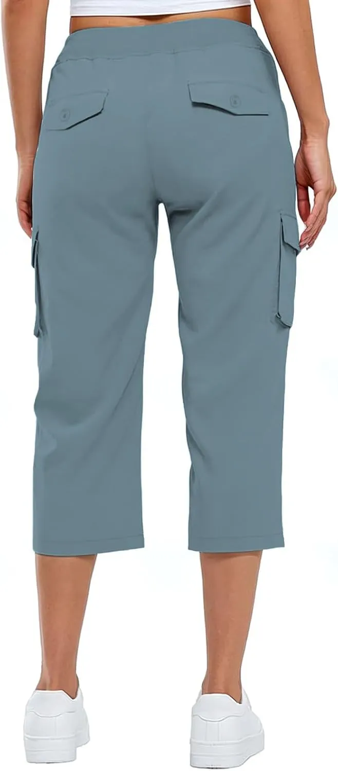 Cargo Capris for Women Loose Fit Cargo Pants Multi Pockets Lightweight Casual Capri Pants Drawstring Hiking Pants