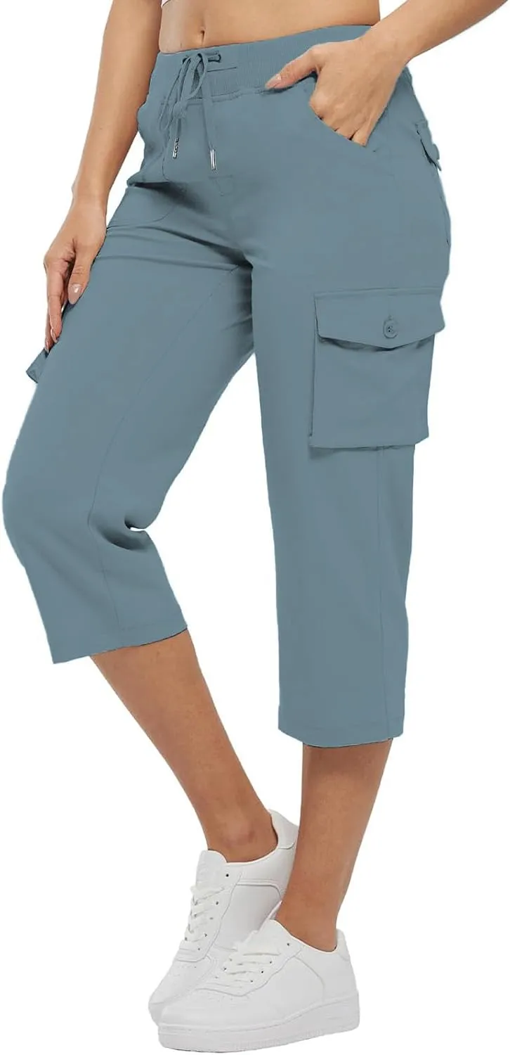 Cargo Capris for Women Loose Fit Cargo Pants Multi Pockets Lightweight Casual Capri Pants Drawstring Hiking Pants