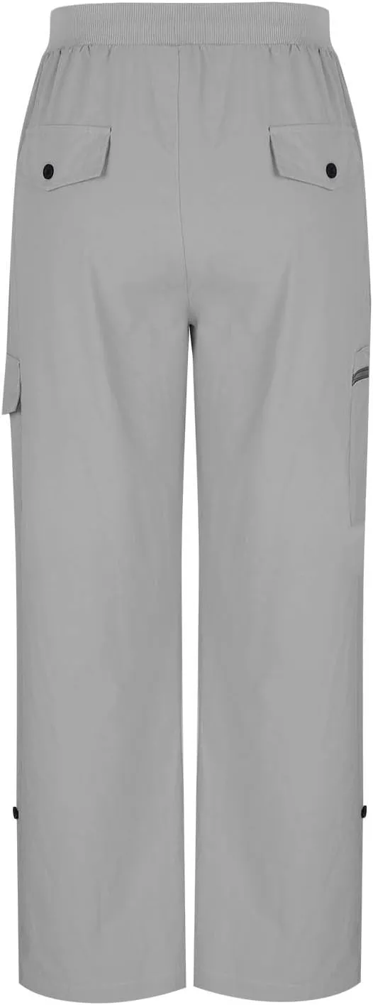 Cargo Pants for Womens Summer Fashion Elastic Waisted Fold Bottom Straight Leg Solid Cololr Capris with Pockets