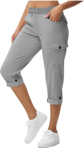 Cargo Pants for Womens Summer Fashion Elastic Waisted Fold Bottom Straight Leg Solid Cololr Capris with Pockets