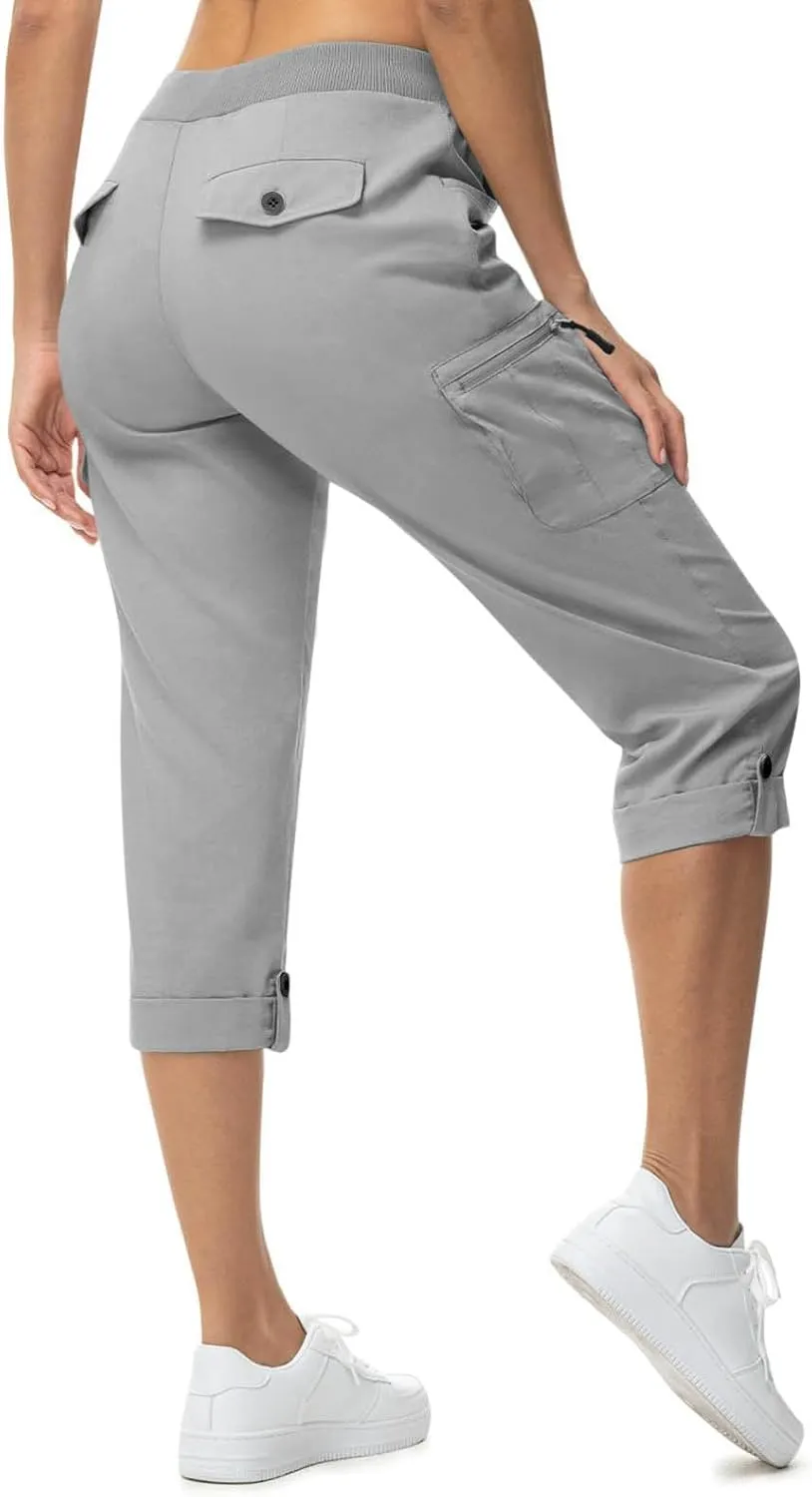 Cargo Pants for Womens Summer Fashion Elastic Waisted Fold Bottom Straight Leg Solid Cololr Capris with Pockets