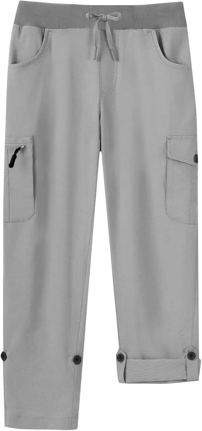 Cargo Pants for Womens Summer Fashion Elastic Waisted Fold Bottom Straight Leg Solid Cololr Capris with Pockets