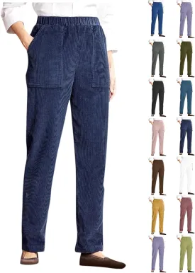 Corduroy Pants Women Casual Elastic High Waist Petite Pants Straight Leg Pants Loose Comfy Trousers with Pockets