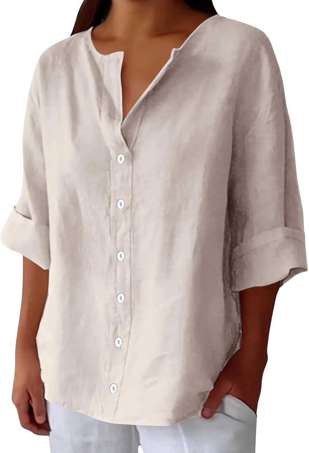 Cotton Linen Shirts for Women 2025 Trendy Summer Loose Fit Casual V Neck 3/4 Sleeve Peasant Blouses Beach Tunic Tops