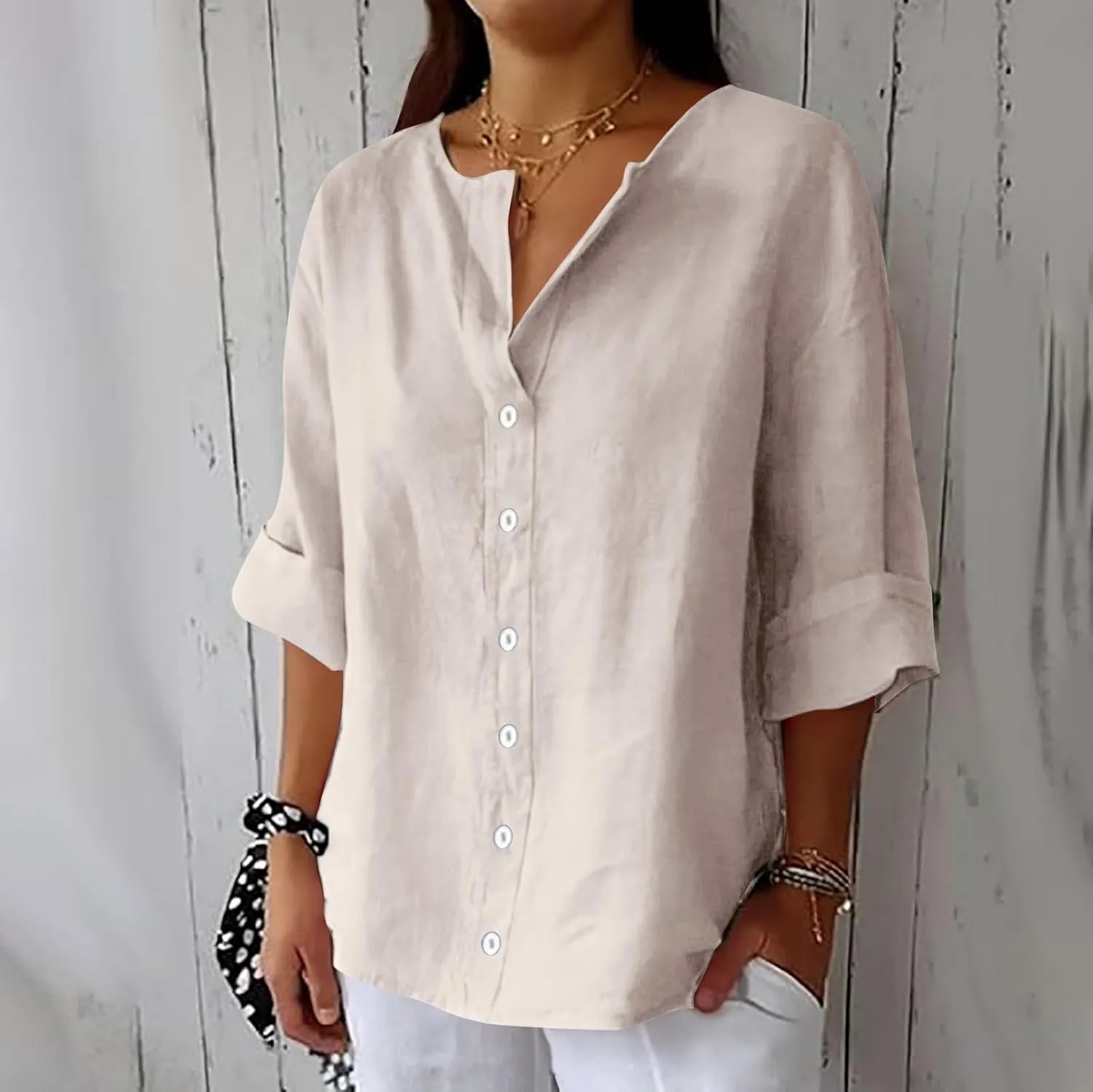 Cotton Linen Shirts for Women 2025 Trendy Summer Loose Fit Casual V Neck 3/4 Sleeve Peasant Blouses Beach Tunic Tops