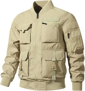 Finelylove Mens Military Tactical Jacket Lightweight Cargo Bomber Jacket Waterproof Spring Fall Windbreaker with Pockets