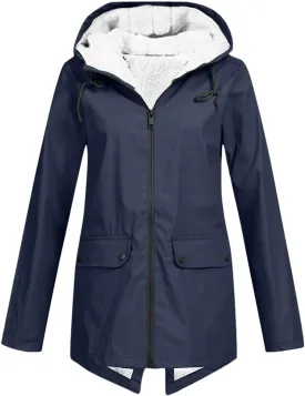 Fleece Lined Raincoat for Women Solid Color Waterproof Jackets with Hood Lightweight Outdoor Windbreaker Jacket