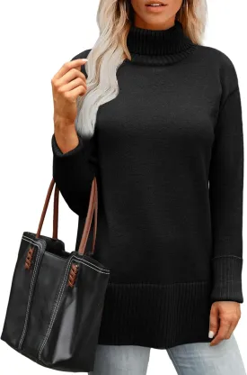 Glanzition Sweaters for Women Turtleneck Side Split Oversized Pullover Tops