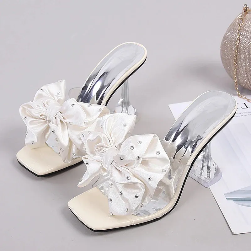 Hnzxzm New Fashion Crystal Bow High Heels Slippers Shoes Woman Sexy PVC Transparent Sandals Women Slides Open Toe Pumps Blue Black