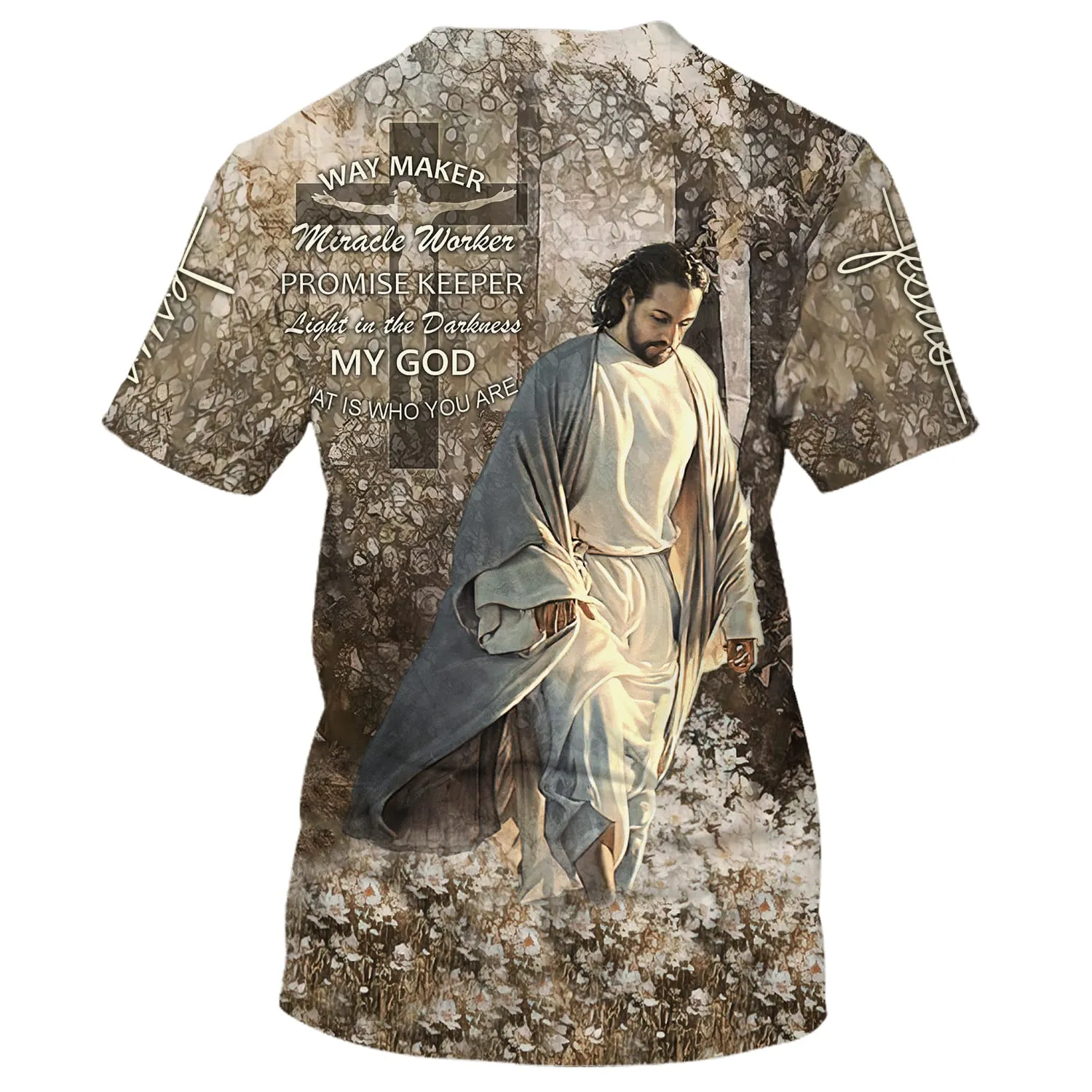 Jesus Walking In The Flower Field Shirts - Way Maker Miracle Worker 3d Shirts - Christian T Shirts For Men And Women