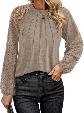 KIRUNDO Womens Tops 2025 Trendy Spring Lace Long Sleeve Dressy Casual Blouses Pleated Business Work Shirts Clothing