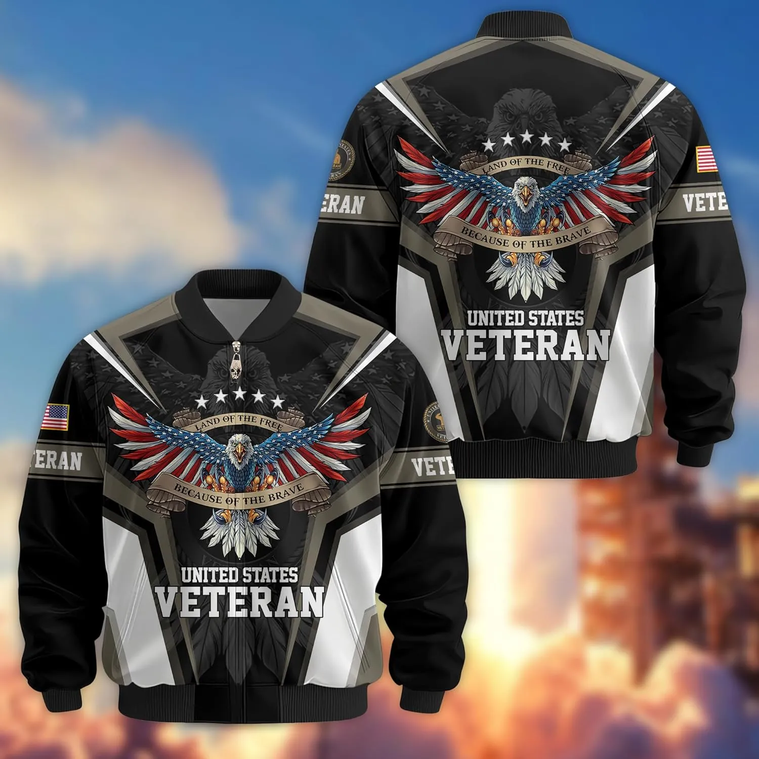 Land Of The Free Vets Jacket Bomber Veterans Jackets, Durable Military Windbreaker Jacket, Patriotic Jackets for Men