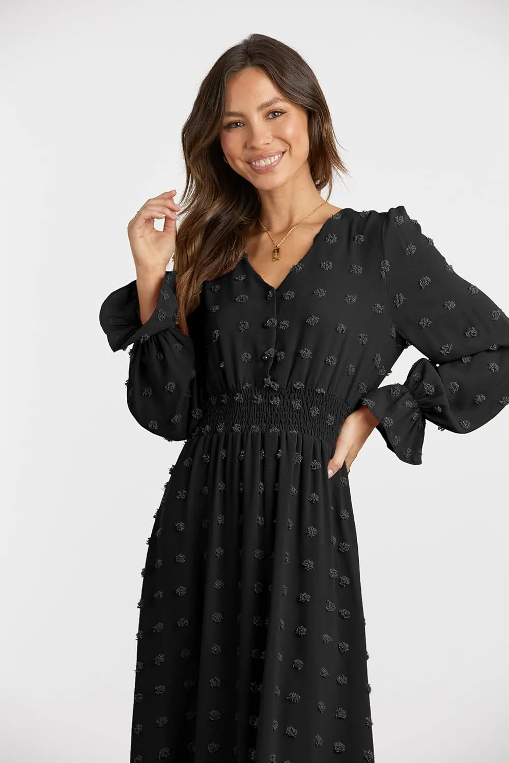 MASCOMODA Women Maxi Dress 2025 Fall Long Sleeve V Neck Swiss Dot Boho Smocked High Waisted A-Line Tiered Flowy Long Dresses