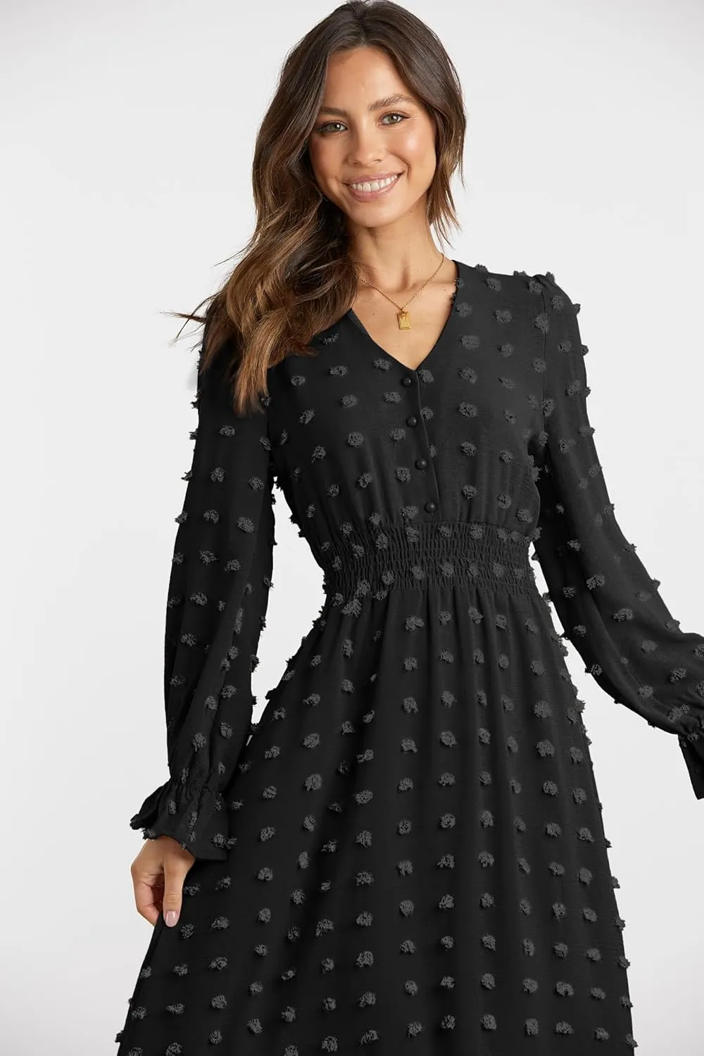 MASCOMODA Women Maxi Dress 2025 Fall Long Sleeve V Neck Swiss Dot Boho Smocked High Waisted A-Line Tiered Flowy Long Dresses