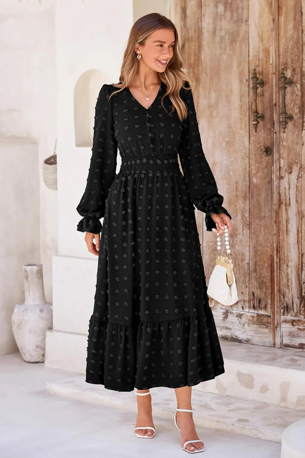 MASCOMODA Women Maxi Dress 2025 Fall Long Sleeve V Neck Swiss Dot Boho Smocked High Waisted A-Line Tiered Flowy Long Dresses