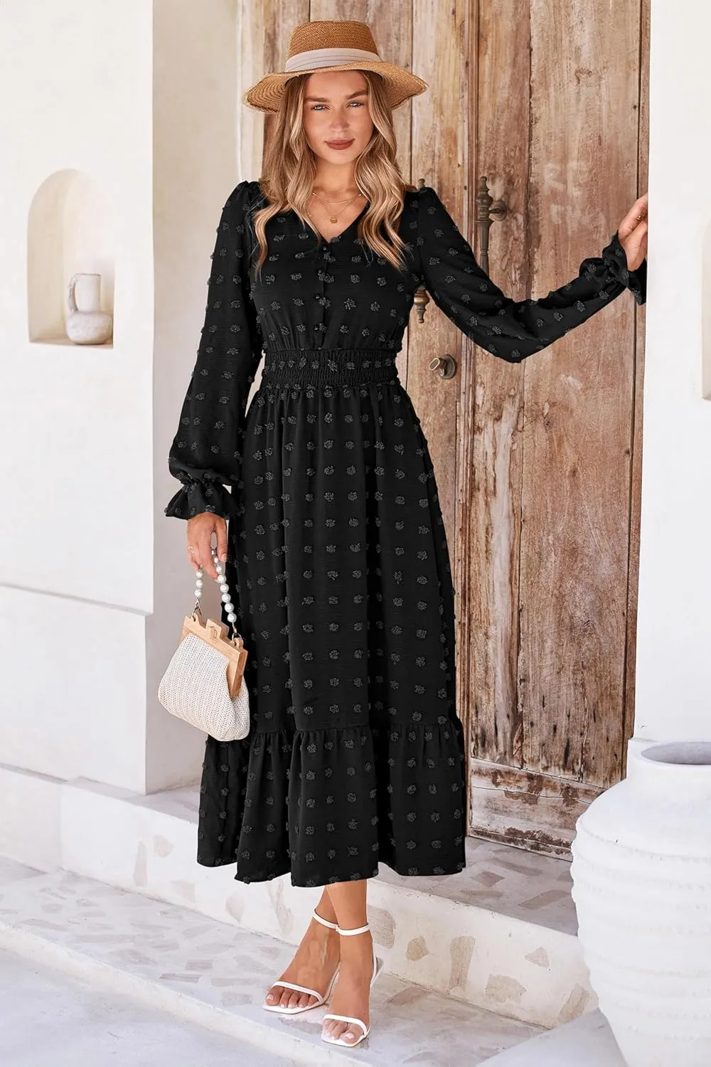 MASCOMODA Women Maxi Dress 2025 Fall Long Sleeve V Neck Swiss Dot Boho Smocked High Waisted A-Line Tiered Flowy Long Dresses
