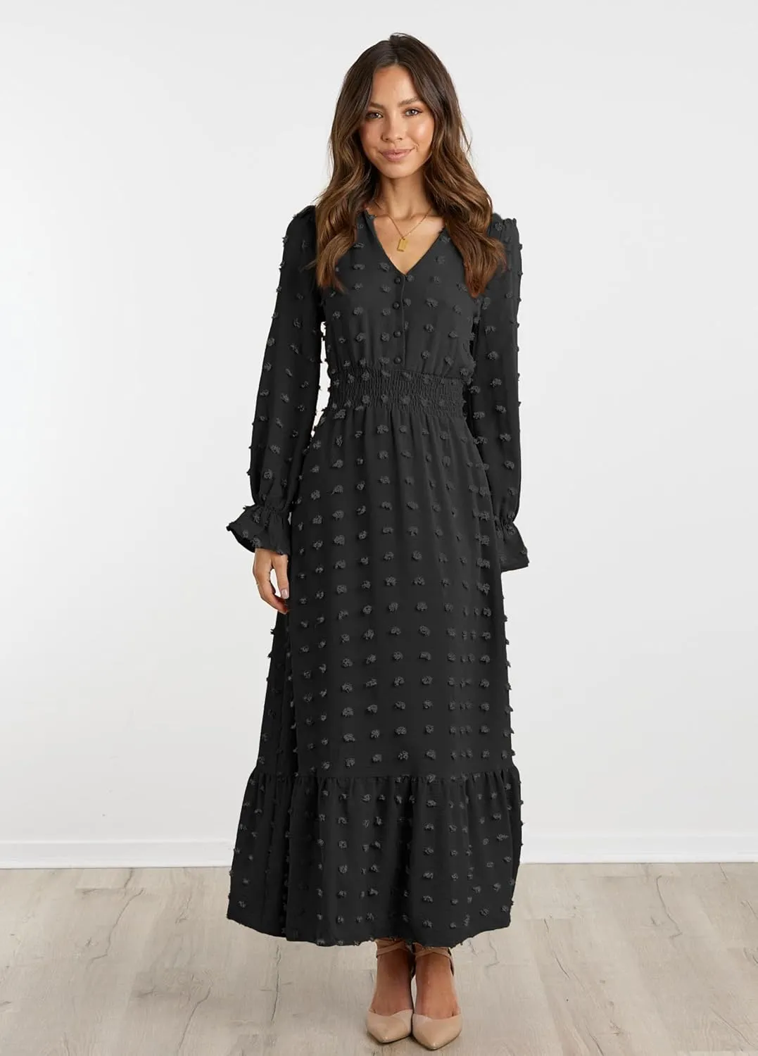 MASCOMODA Women Maxi Dress 2025 Fall Long Sleeve V Neck Swiss Dot Boho Smocked High Waisted A-Line Tiered Flowy Long Dresses