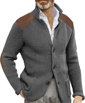 Men's Cable Knit Cardigan Sweater Western Vintage Button-Up Casual Chunky Thermal Sweatshirt Coats with Elbow Patches